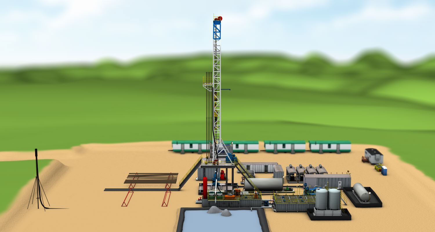 A 3d rendering of a drill site, frame 1 of 15
