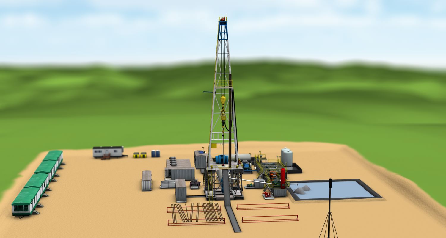 A 3d rendering of a drill site, frame 12 of 15