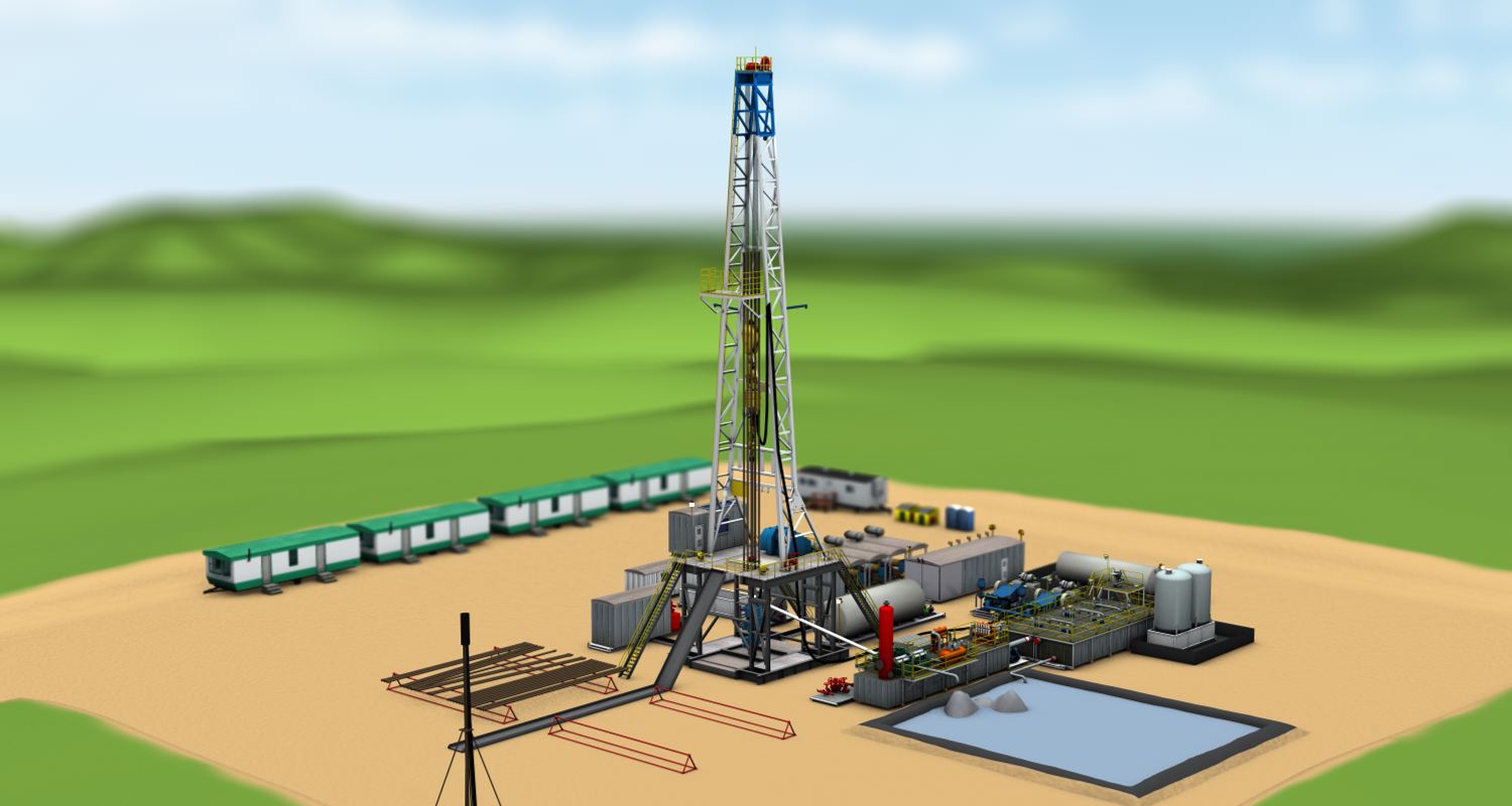 A 3d rendering of a drill site, frame 14 of 15