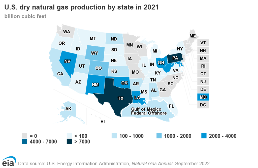 U.S. dry natural gas production by state in 2021